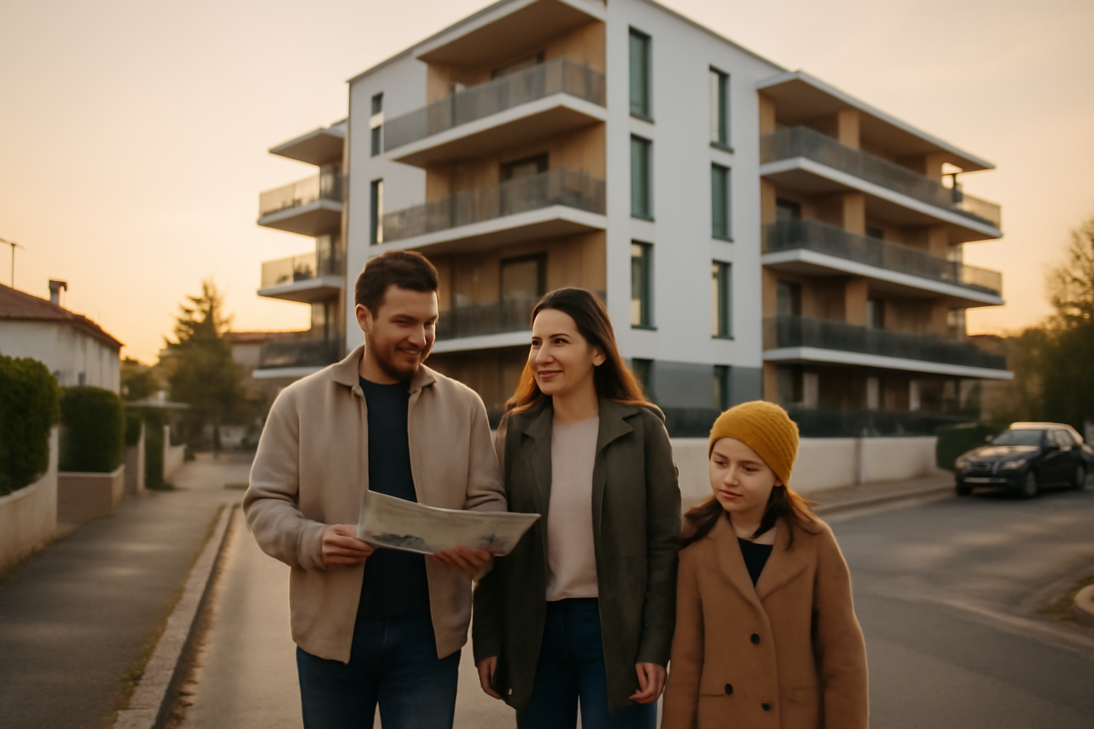 Appartement neuf Saint-Priest : immeuble récent avec balcons et lumière du matin