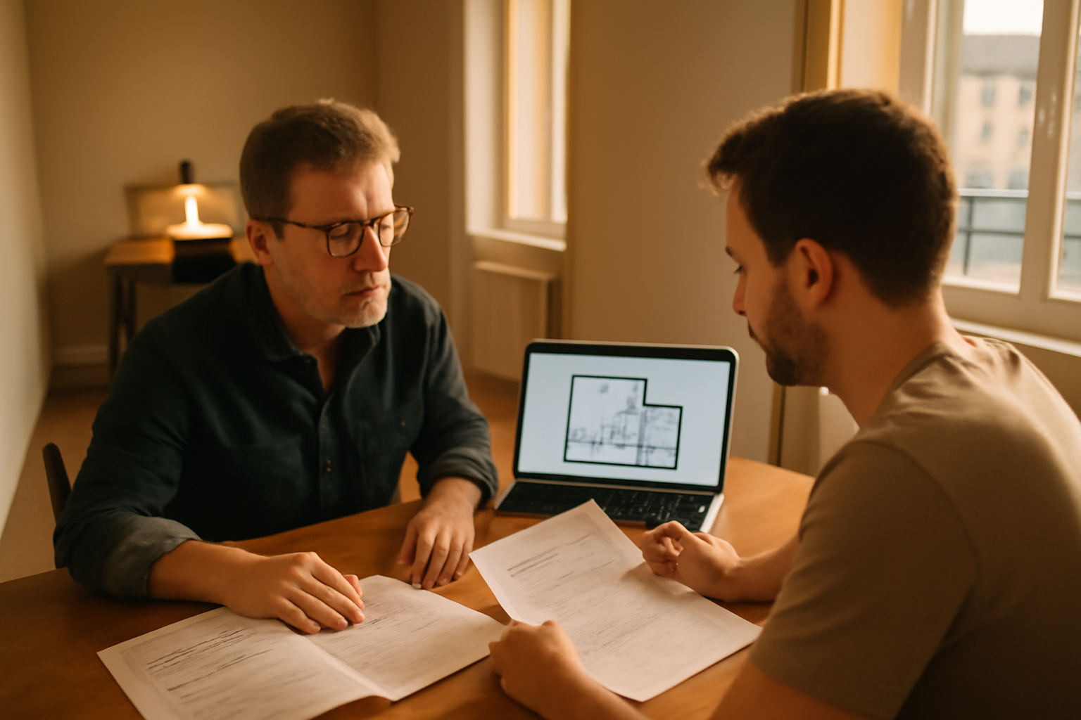 bail mixte : locataire et bailleur vérifiant un contrat de location devant un appartement