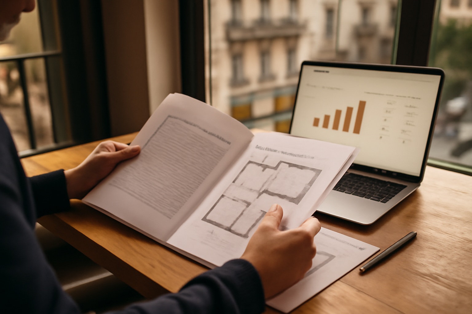 Investissement immobilier rentable : calcul de rentabilité sur table avec dossier et ordinateur, lumière naturelle