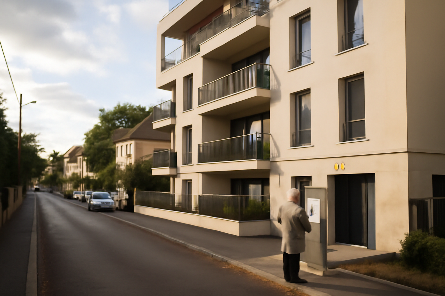 Lli logement : immeuble résidentiel en zone urbaine, entrée d’immeuble et panneau d’informations