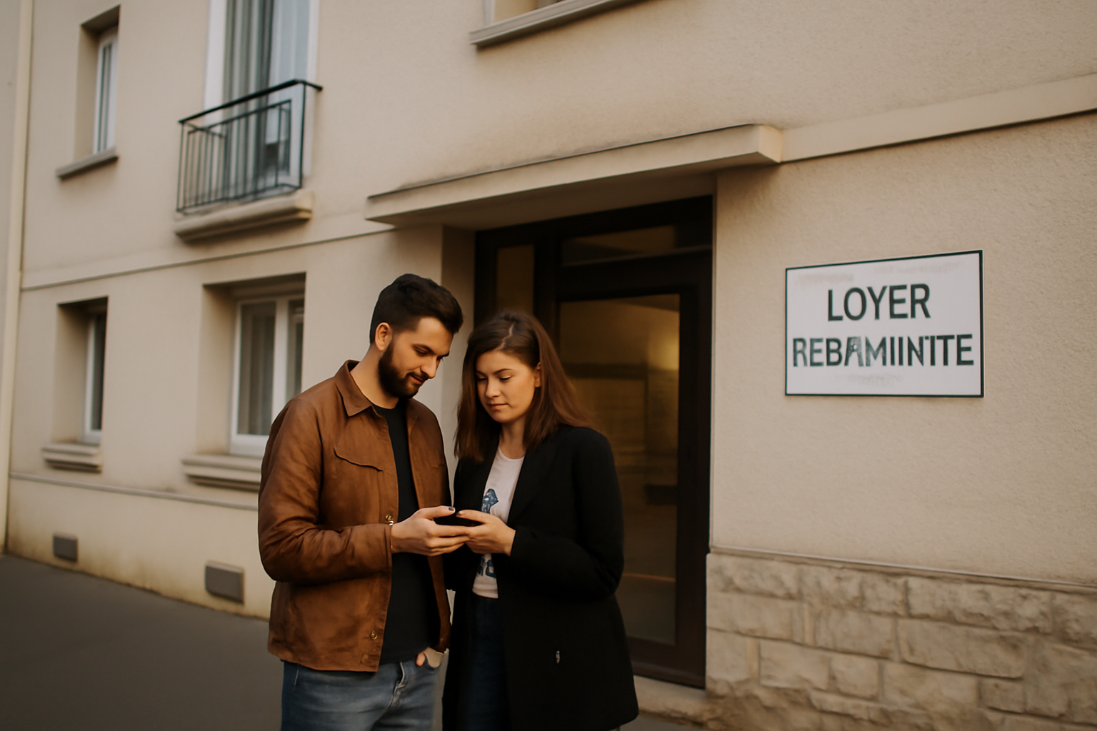 logement intermédiaire : immeuble résidentiel en France, entrée d’un bailleur social et affichage des loyers
