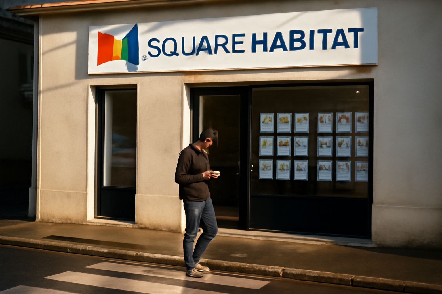 Agence immobilière Square Habitat à Biscarrosse, 40600, entrée avec signalétique et rue Jules Ferry