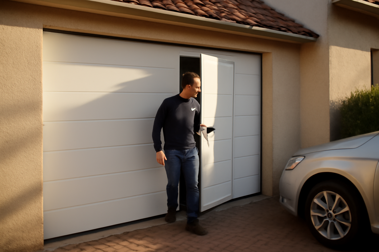 Porte de garage sectionnelle avec portillon, seuil intérieur et portillon ouvert devant un garage résidentiel