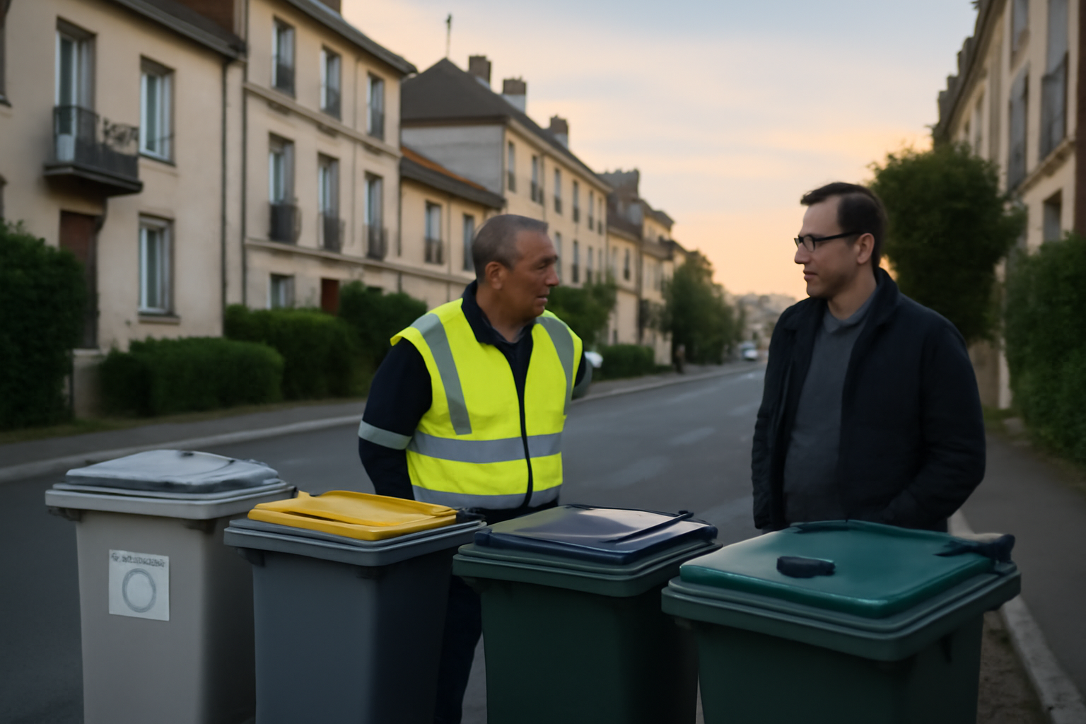 rep : filière de responsabilité et tri des déchets en France, vue réaliste d’un point de collecte avec bacs de tri