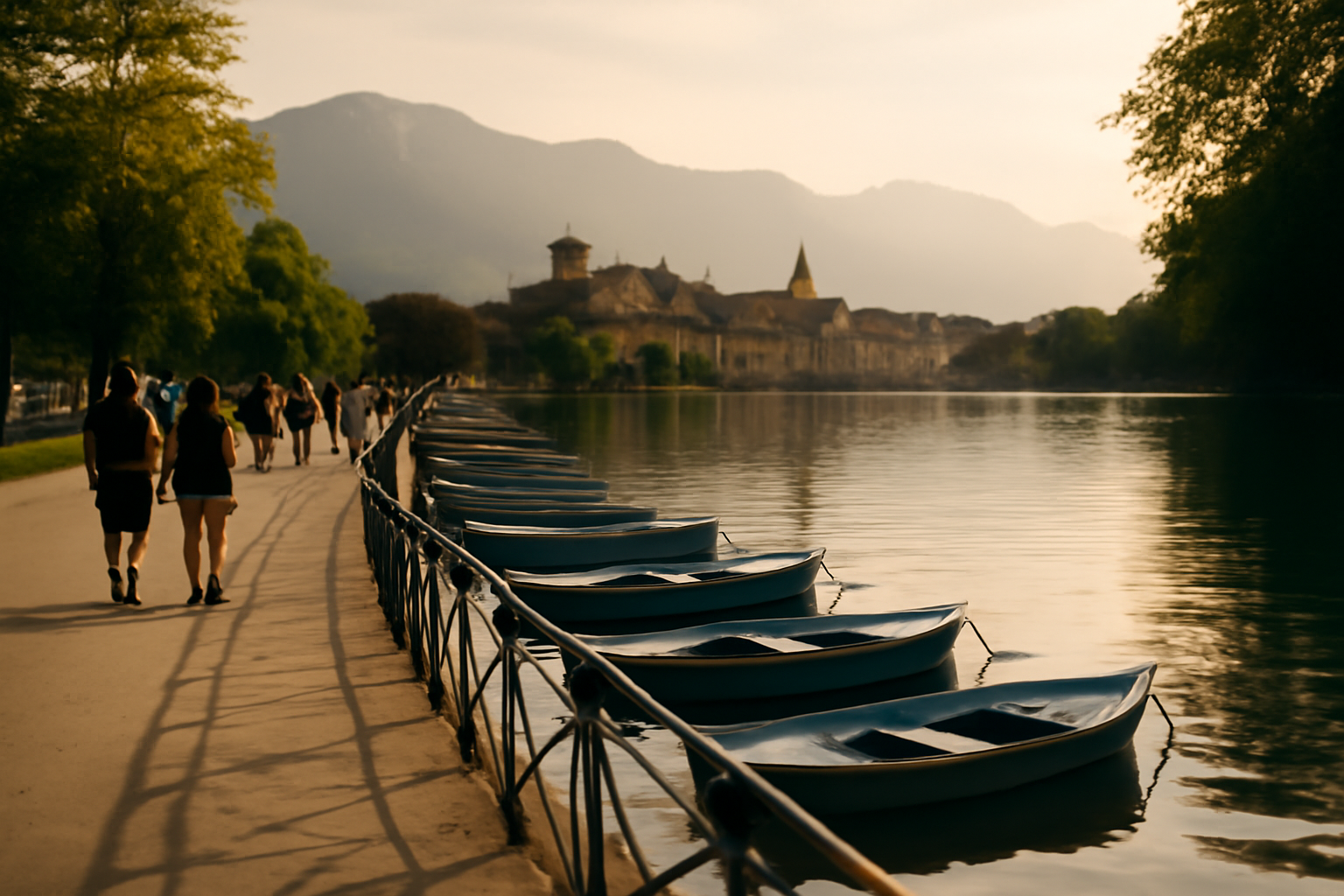 Vue du lac d’Annecy depuis les quais, avec la vieille ville en arrière-plan
