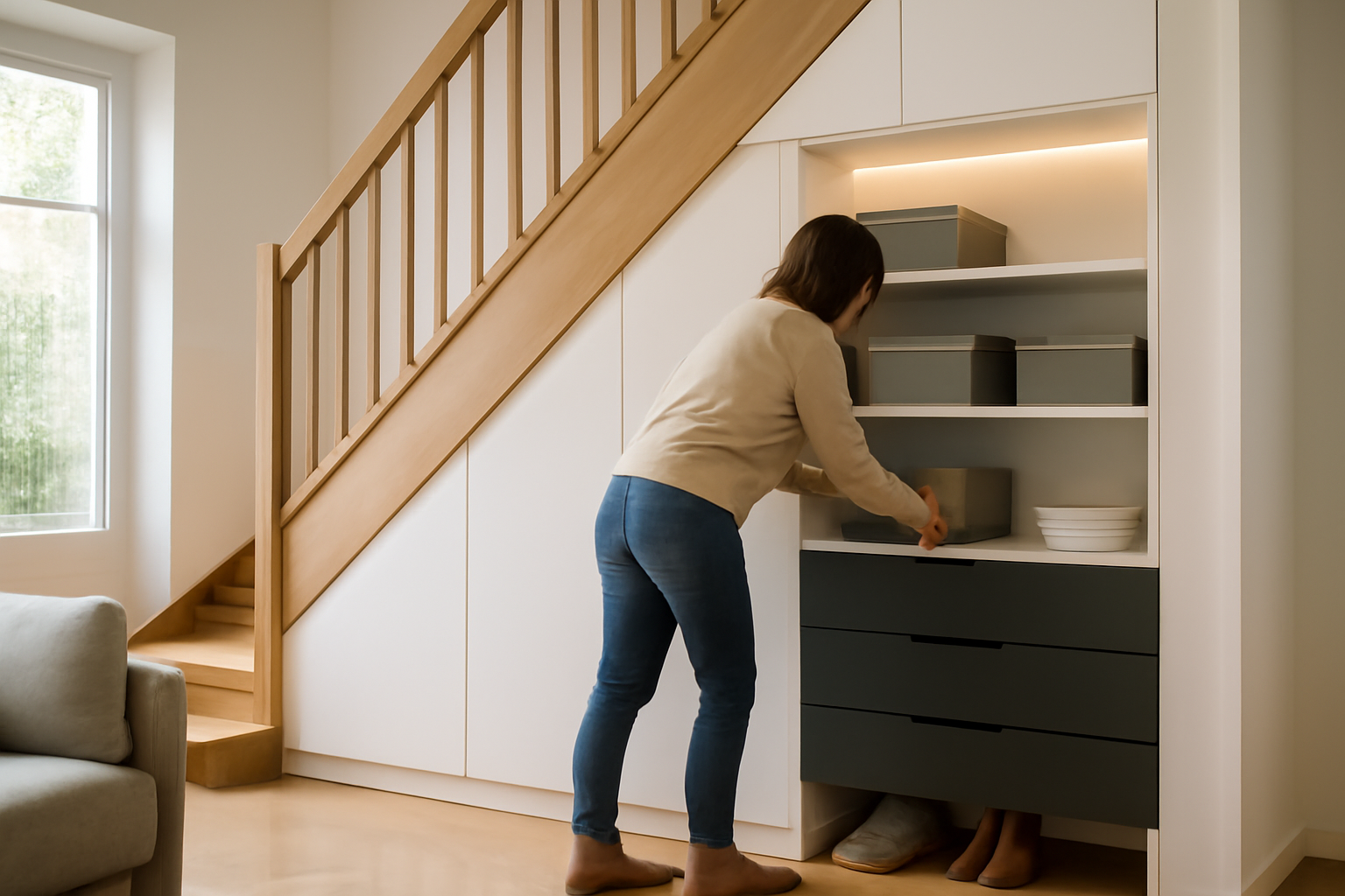 amenagements sous escaliers : placard sur mesure sous un escalier avec tiroirs et éclairage LED