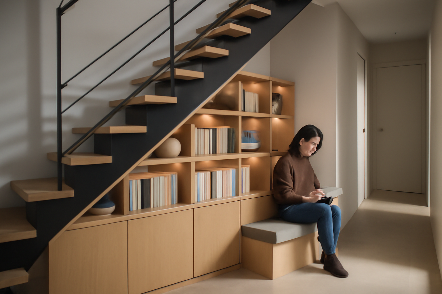 mini-bibliothèque sous escalier avec niches ouvertes et caissons fermés