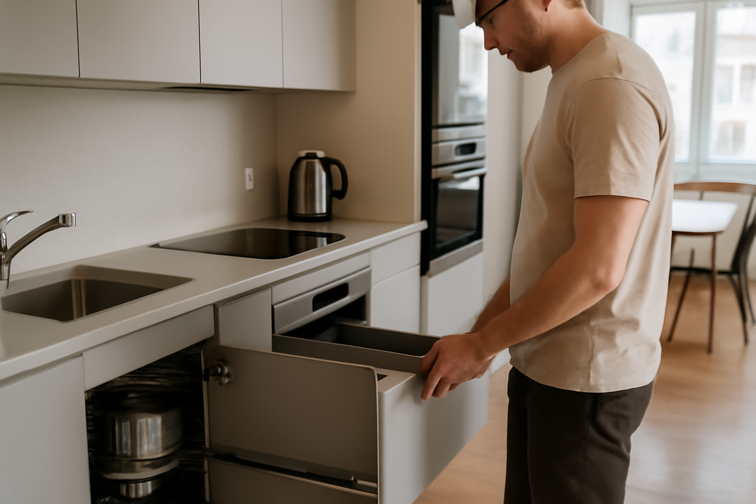 cuisine en l moderne avec plan de travail et meubles d’angle, lumière naturelle