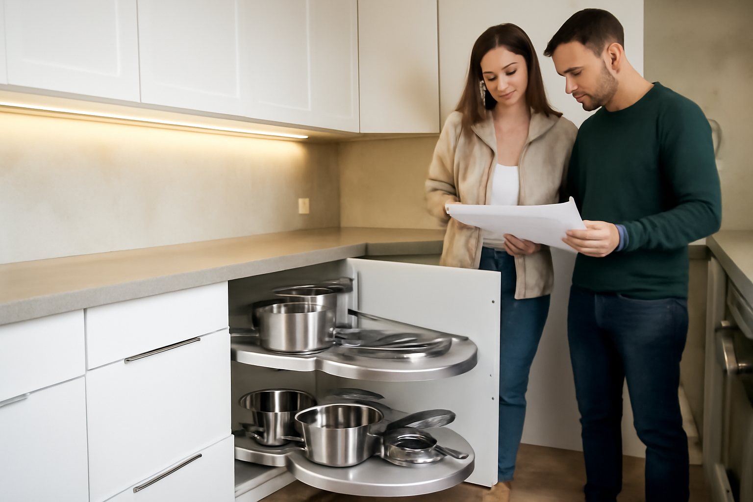 meuble d’angle de cuisine en L avec carrousel et tiroirs, vue rapprochée