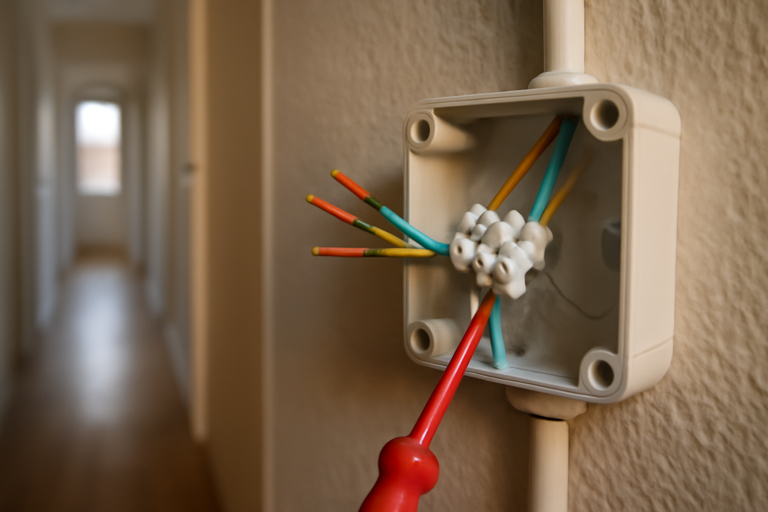 domino electrique dans une boîte de dérivation avec fils dénudés et tournevis isolé