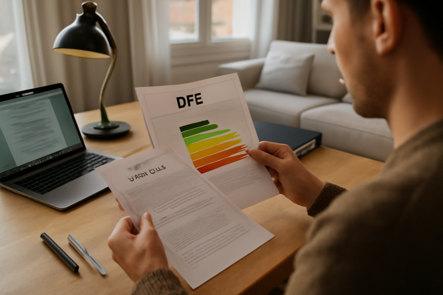 dpe e location : propriétaire consultant un DPE et un bail sur une table, lumière naturelle, bureau avec documents