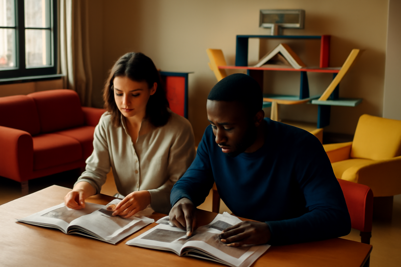 Ettore designer : intérieur postmoderne avec couleurs vives et mobilier géométrique