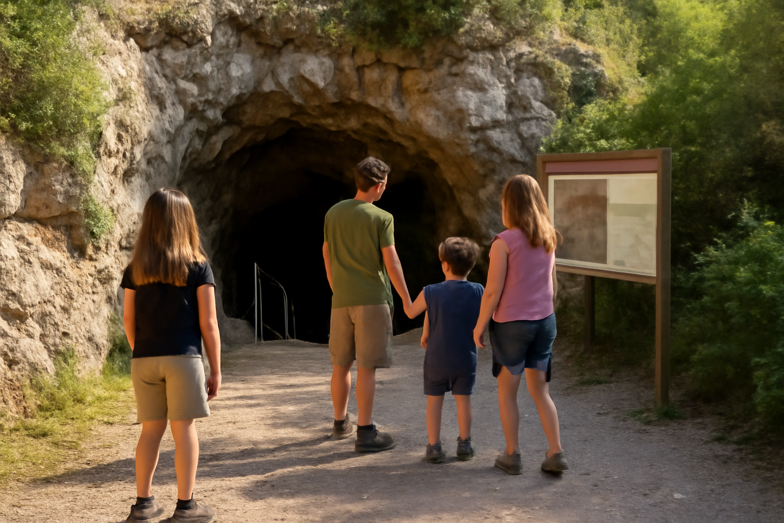 Entrée de la grotte Saint-Cézaire près de Grasse, visiteurs en tenue adaptée sous une lumière naturelle