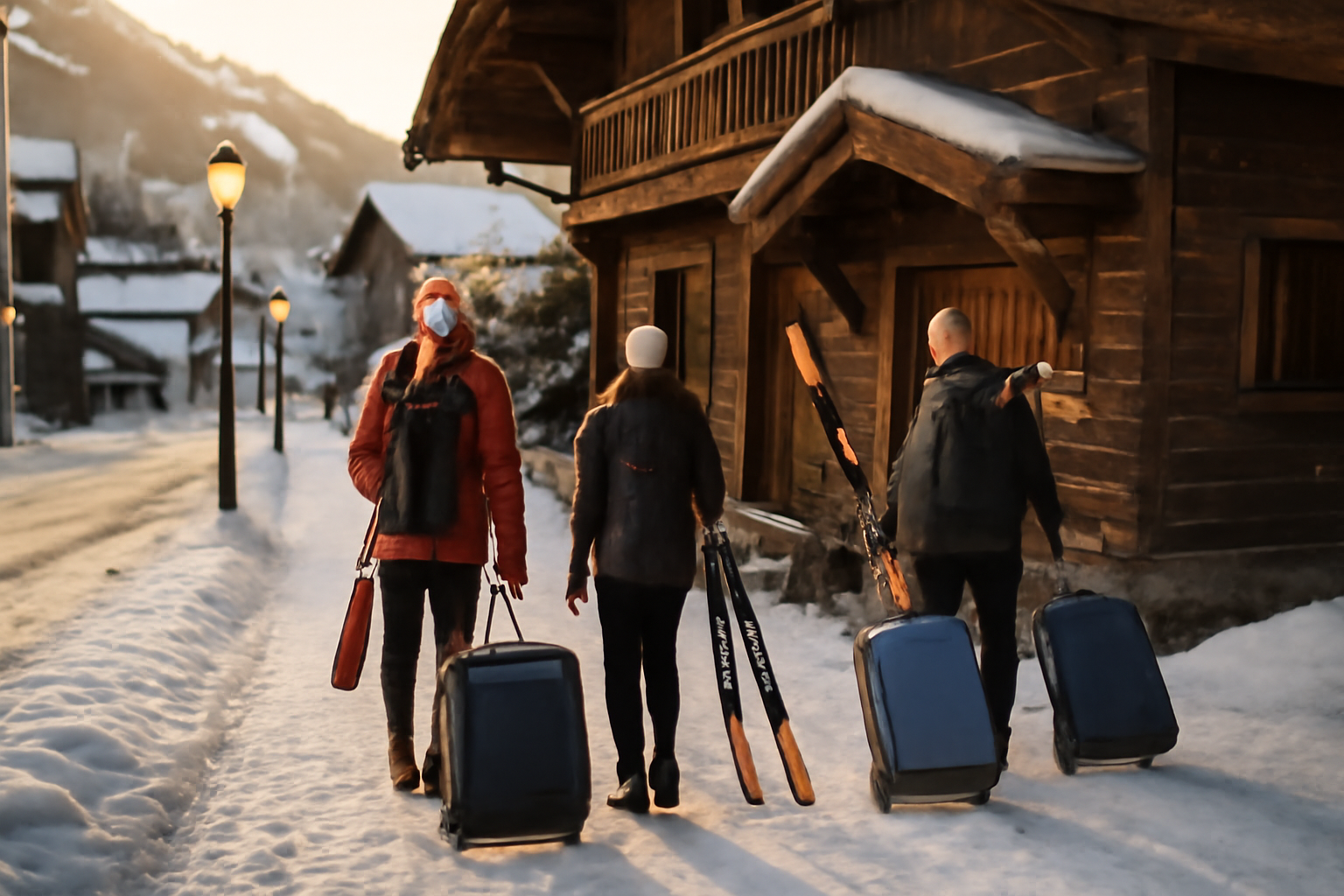 Hébergement Morzine : vue sur le centre et les montagnes, entrée d’un chalet et voyageurs avec bagages