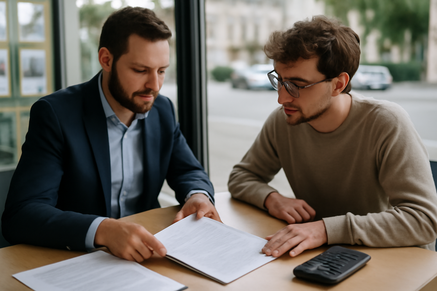 Logement conventionné : bailleur et locataire vérifiant un bail avec mentions de convention, intérieur d’agence immobilière, lumière naturelle