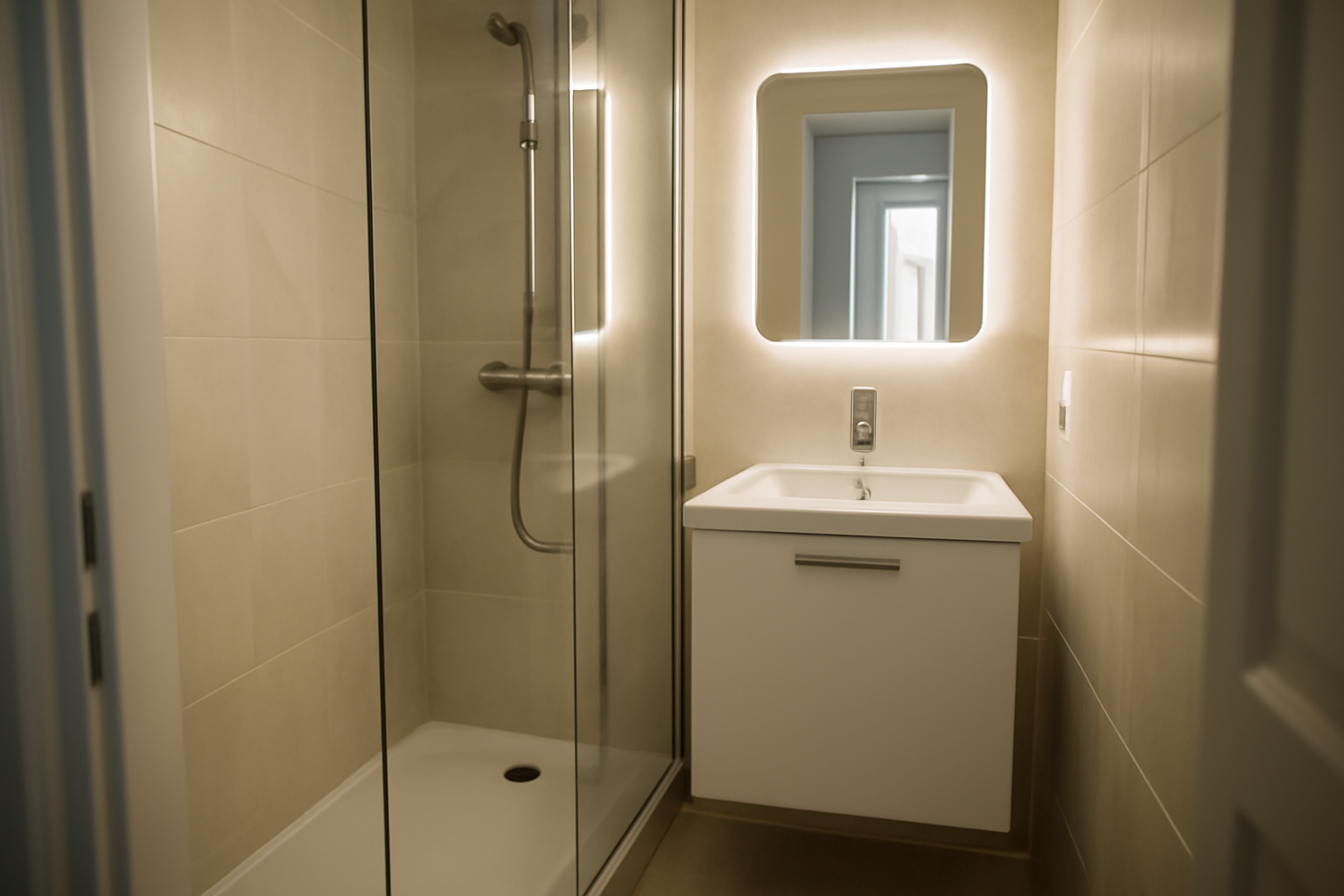 petit salle de bain 3m2 avec douche à l’italienne et meuble lavabo compact, lumière naturelle