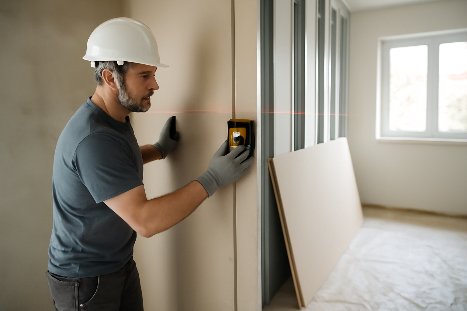 Plafond autoportant en plaques de plâtre sur ossature mur à mur, pose en cours dans un salon lumineux