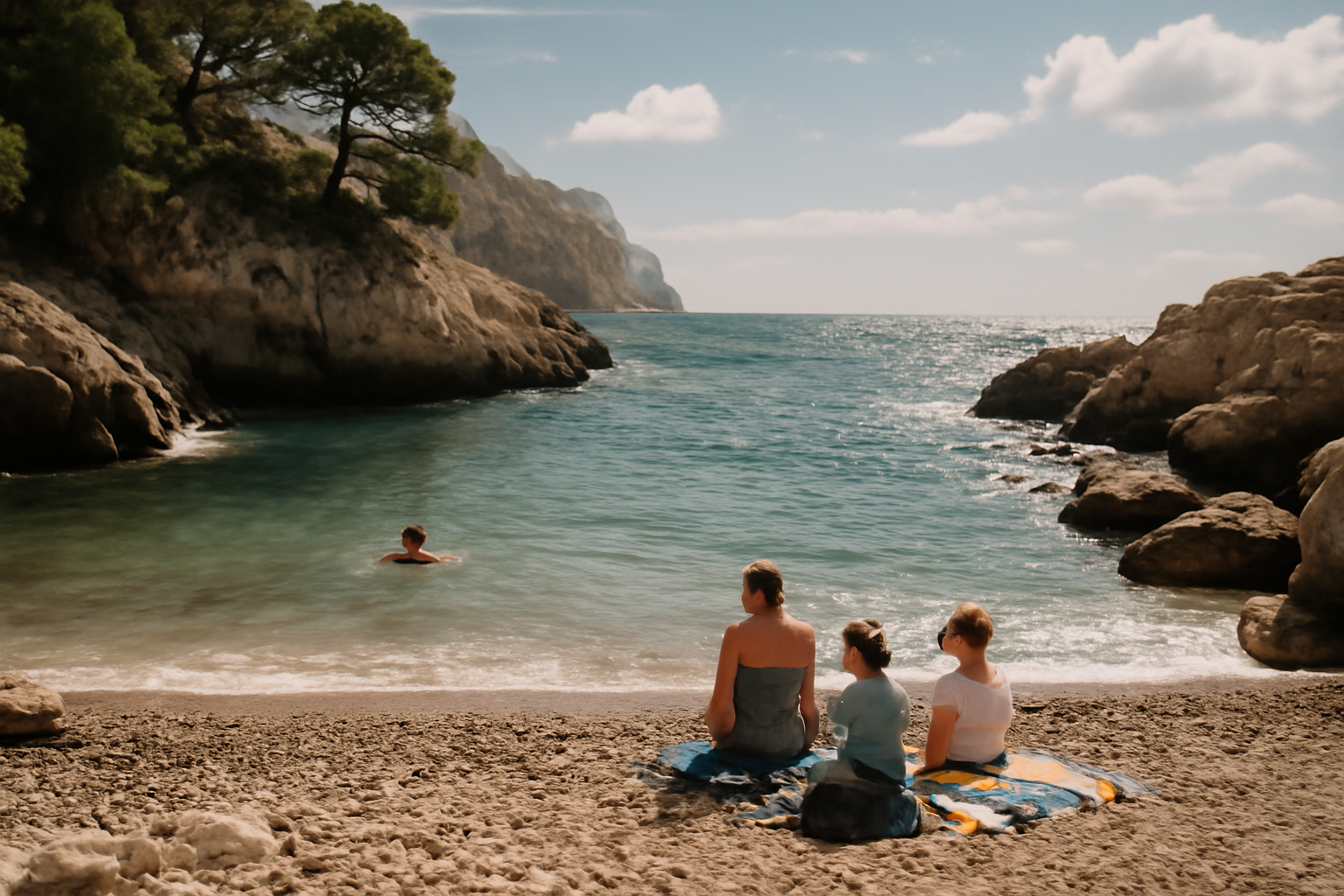 Plage cassis avec crique rocheuse et nageurs par une lumière de fin de matinée à Cassis