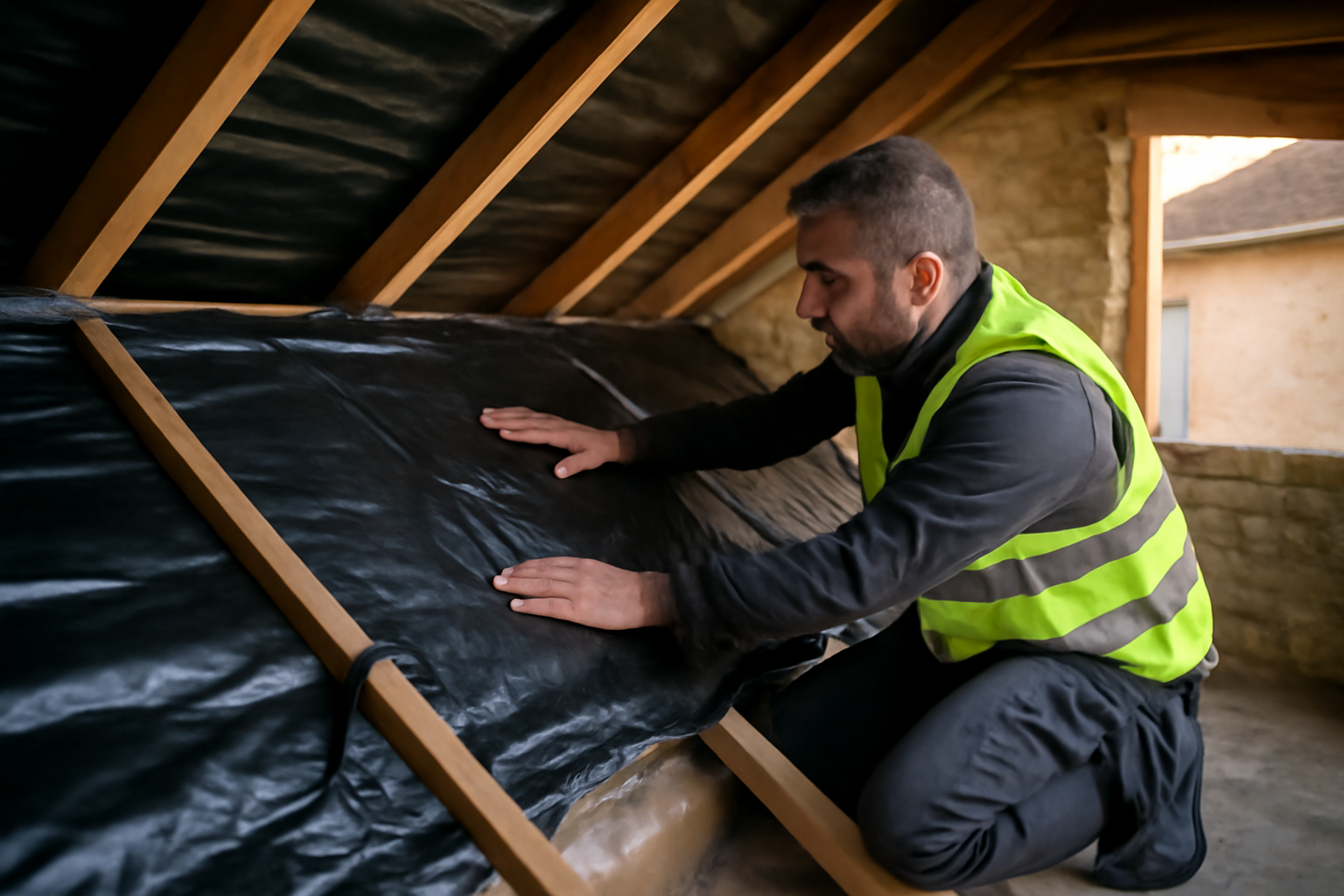 Triso noir en rénovation de toiture, rouleau d’isolant mince multicouche noir posé sur rampants avec lame d’air