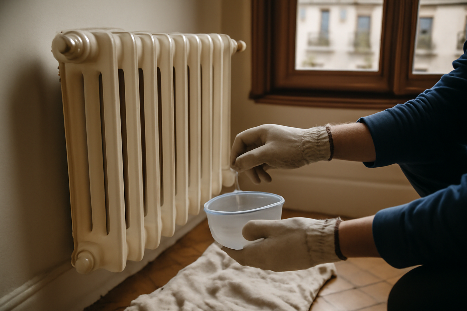 Purge d’un radiateur : clé de purge et récipient sous la vis