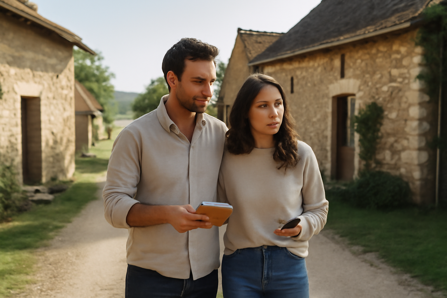 hameau a vendre en France, visite d’un couple devant une maison en pierre au calme, lumière du matin