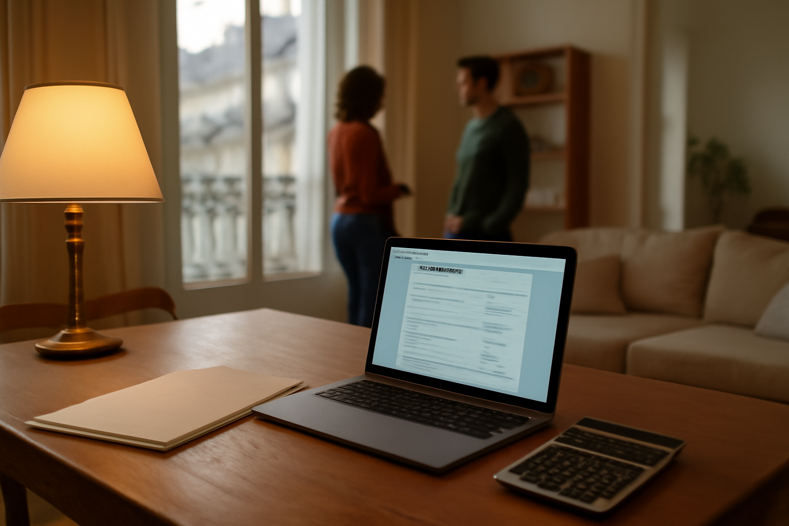 Appartement meublé avec documents fiscaux LMP sur une table, lumière naturelle