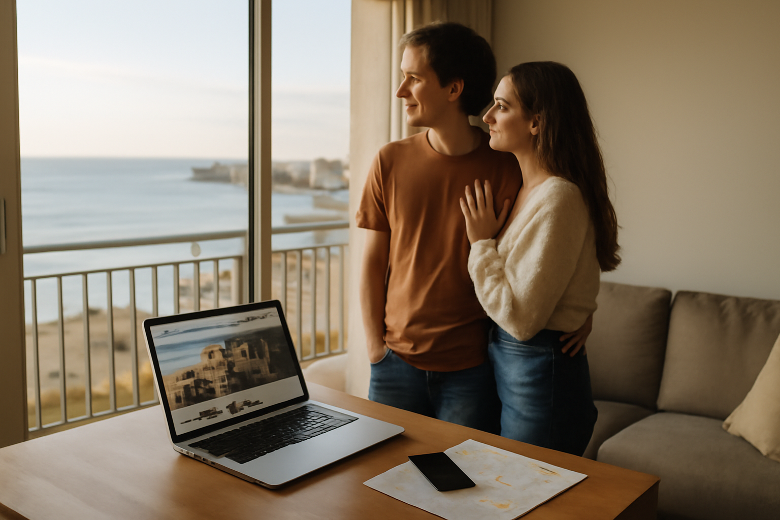 Location vacances biarritz : terrasse ensoleillée près de la plage, couple consultant une annonce