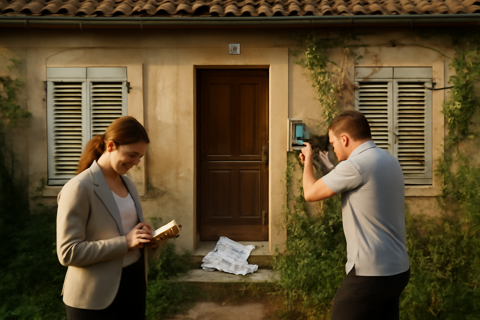 maison abandonnée en France, façade en retrait avec papiers administratifs sur la porte, lumière de fin d’après-midi, scène réaliste