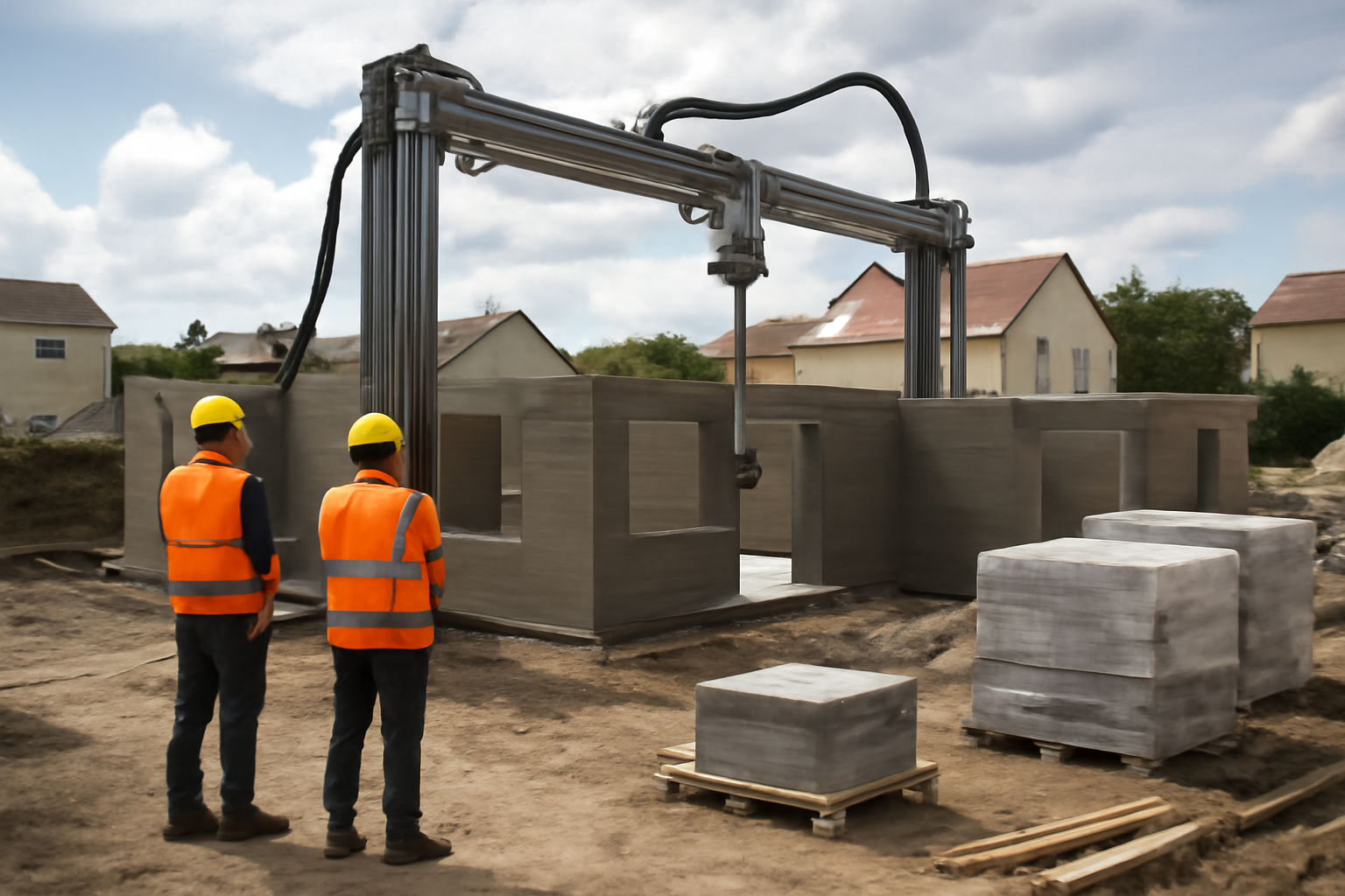 Maison imprimée en 3D en France : chantier avec imprimante robotisée béton, finitions en cours