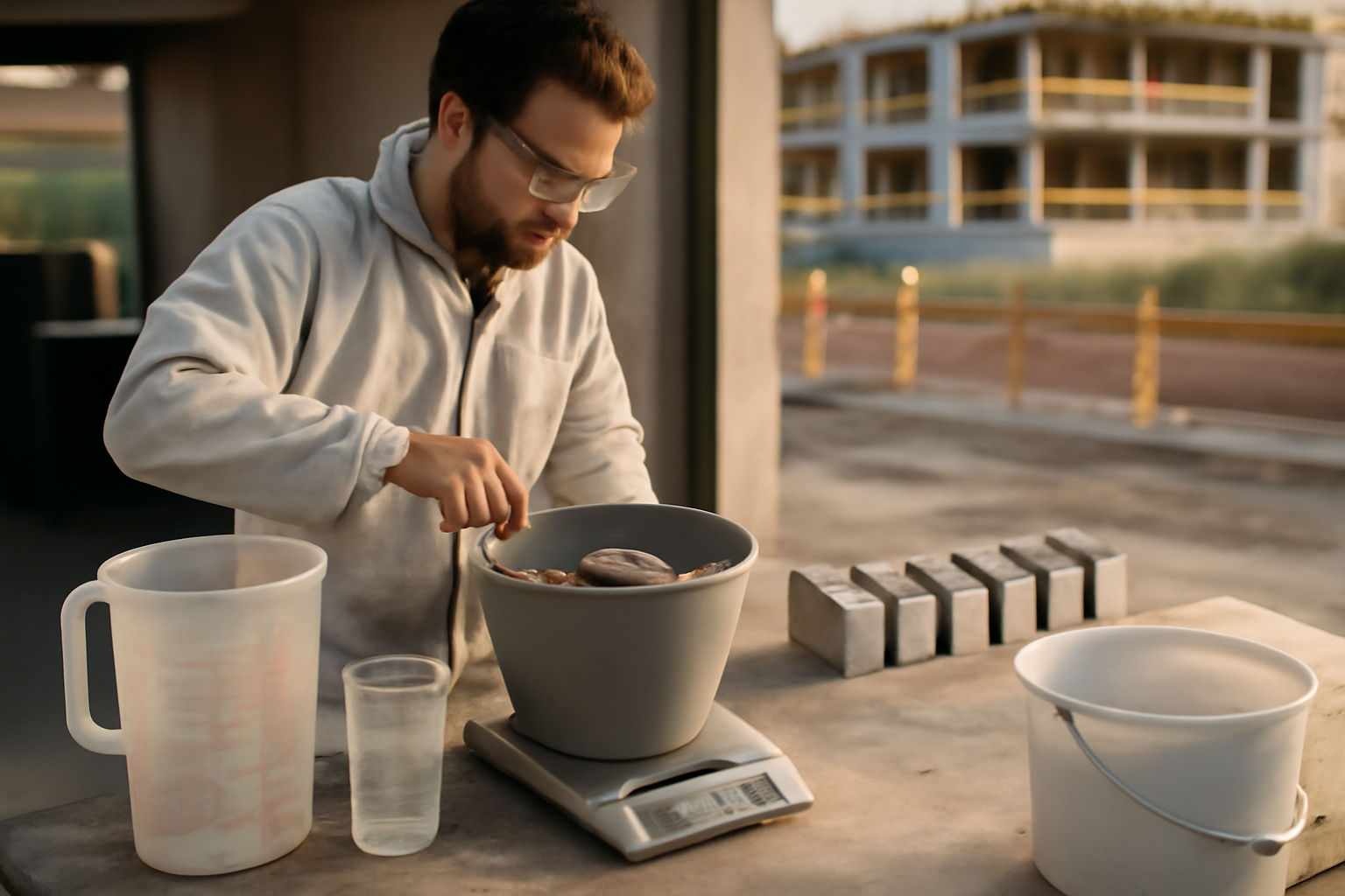 Atelier et préparation du matériau pour une maison imprimée en 3d : technicien contrôle la formulation