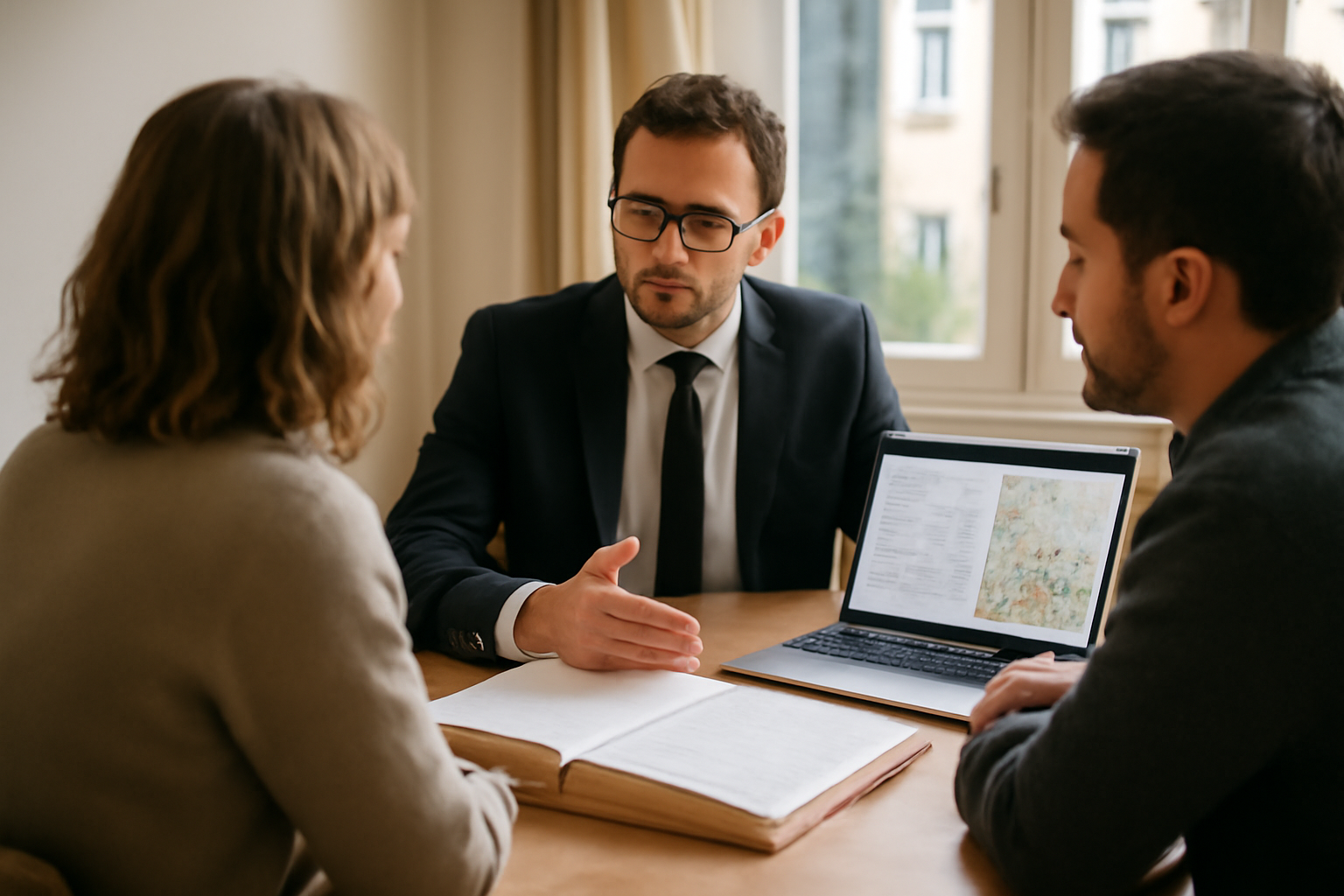 notarisque et dossier immobilier risques ERP urbanisme sur une table entre un notaire et des documents