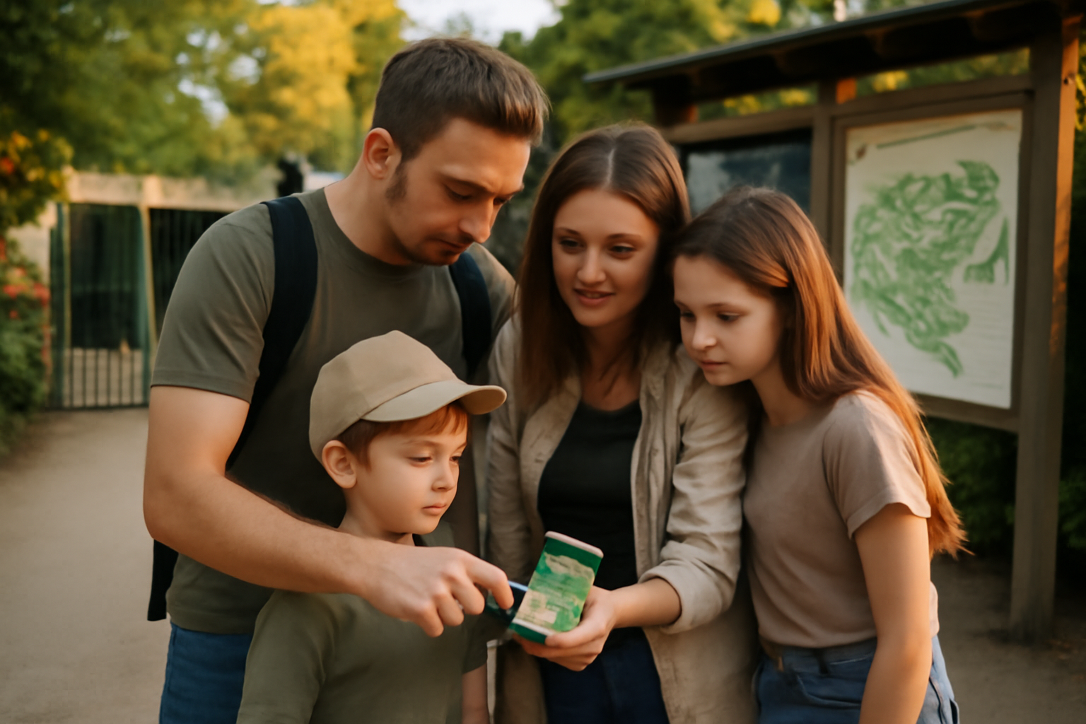 Parc animalier autour de moi : famille devant l’entrée d’un zoo, carte sur smartphone et panneaux sur place