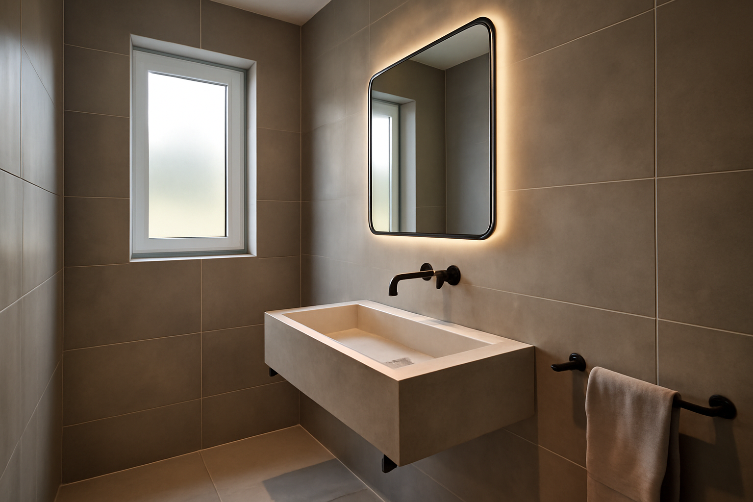 carrelage grand format et robinetterie noir mat dans une salle de bain moderne