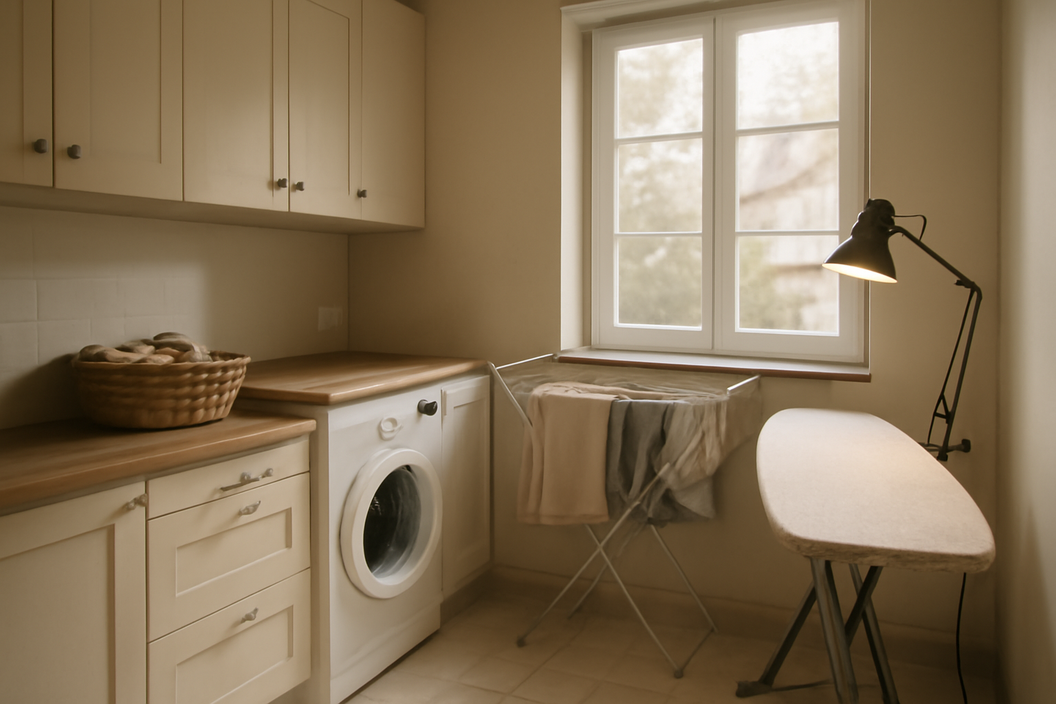Buanderie moderne avec machine à laver, étendoir ventilé et plan de repassage, lumière naturelle douce