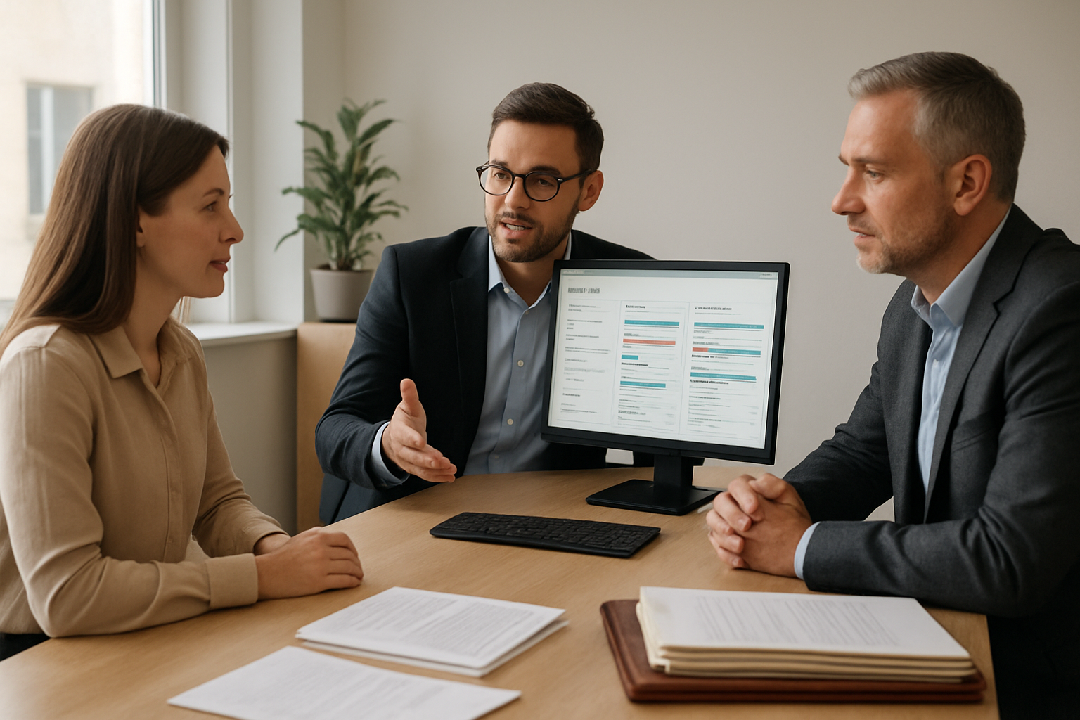 Équipe d’agence utilisant un écran CRM immobilier avec pipeline et relances