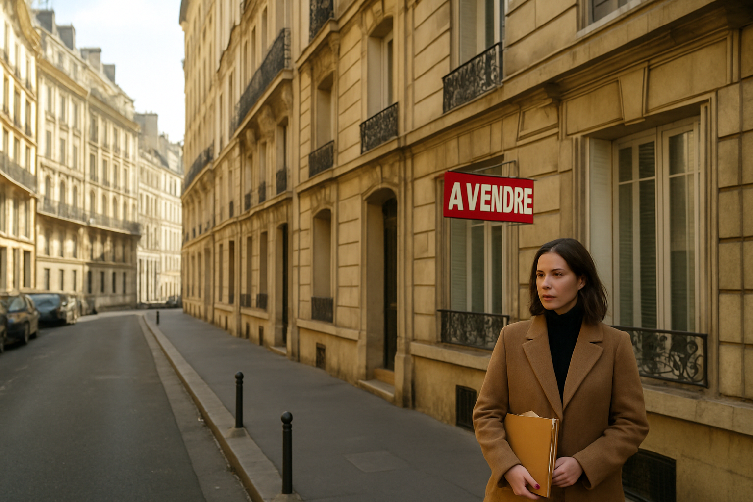 Appartement parisien en façade avec pancarte vente et lumière de journée