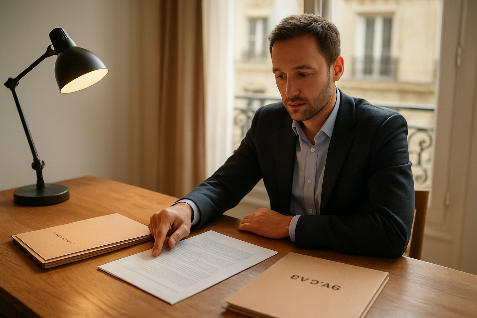 Conseiller immobilier à Paris montrant des documents de copropriété et diagnostics