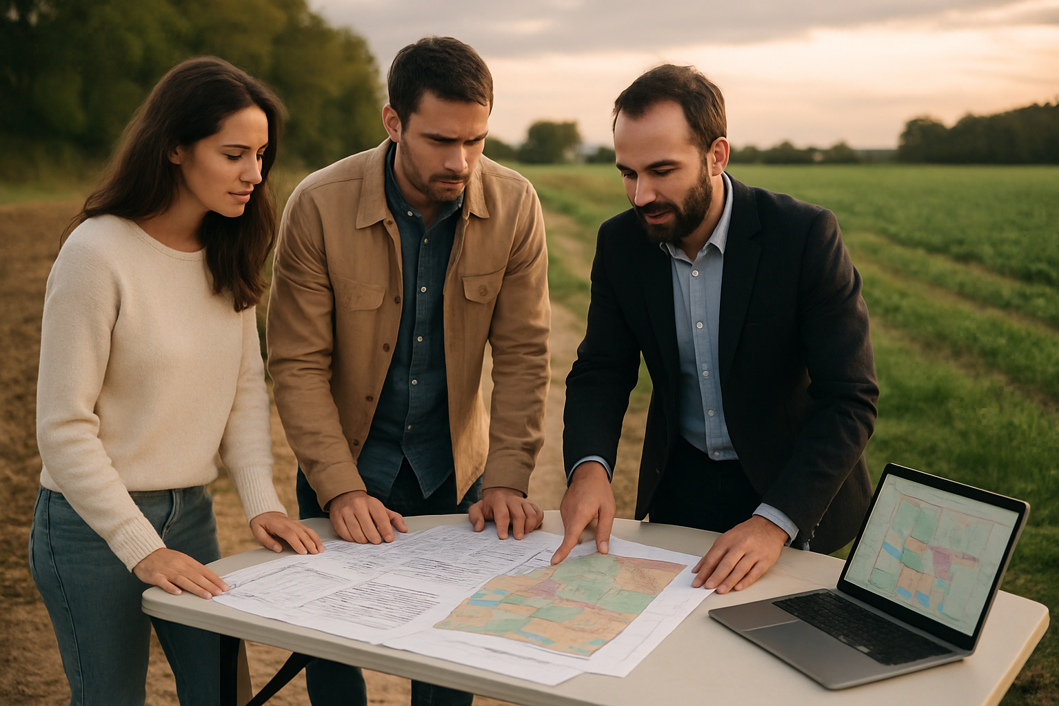 Contrôle d’un plan de zonage PLU sur un terrain agricole en France, avec un ordinateur portable et des documents
