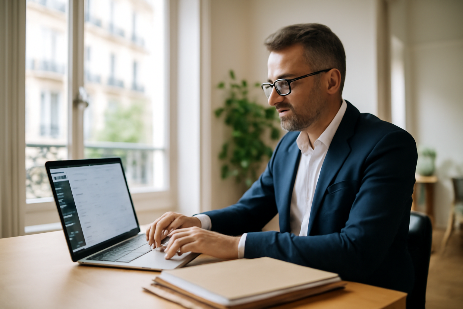Conseiller immobilier indépendant devant un ordinateur et des documents, scène photo réaliste