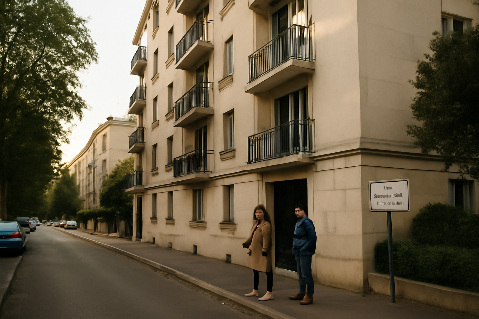 Immeuble résidentiel en zone urbaine française, panneau indiquant un logement à loyer encadré, lumière de fin d’après-midi