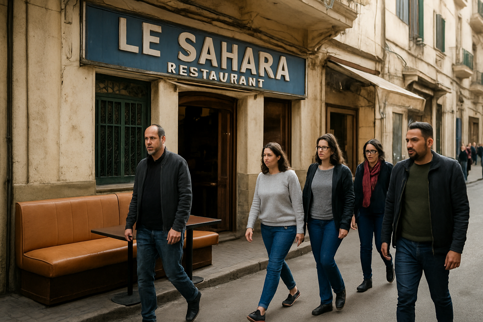 Façade d’un restaurant à Alger avec entrée visible et signalétique, lumière du matin
