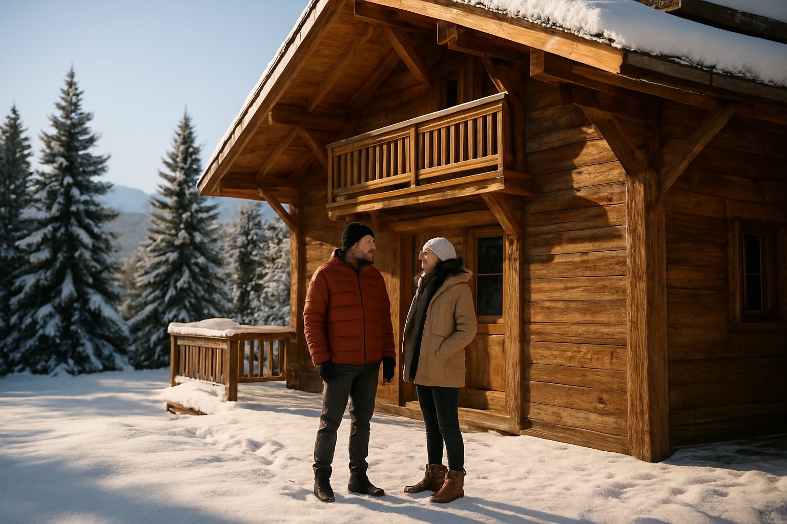 Chalet en bois avec terrasse enneigée en Haute-Savoie au lever du jour