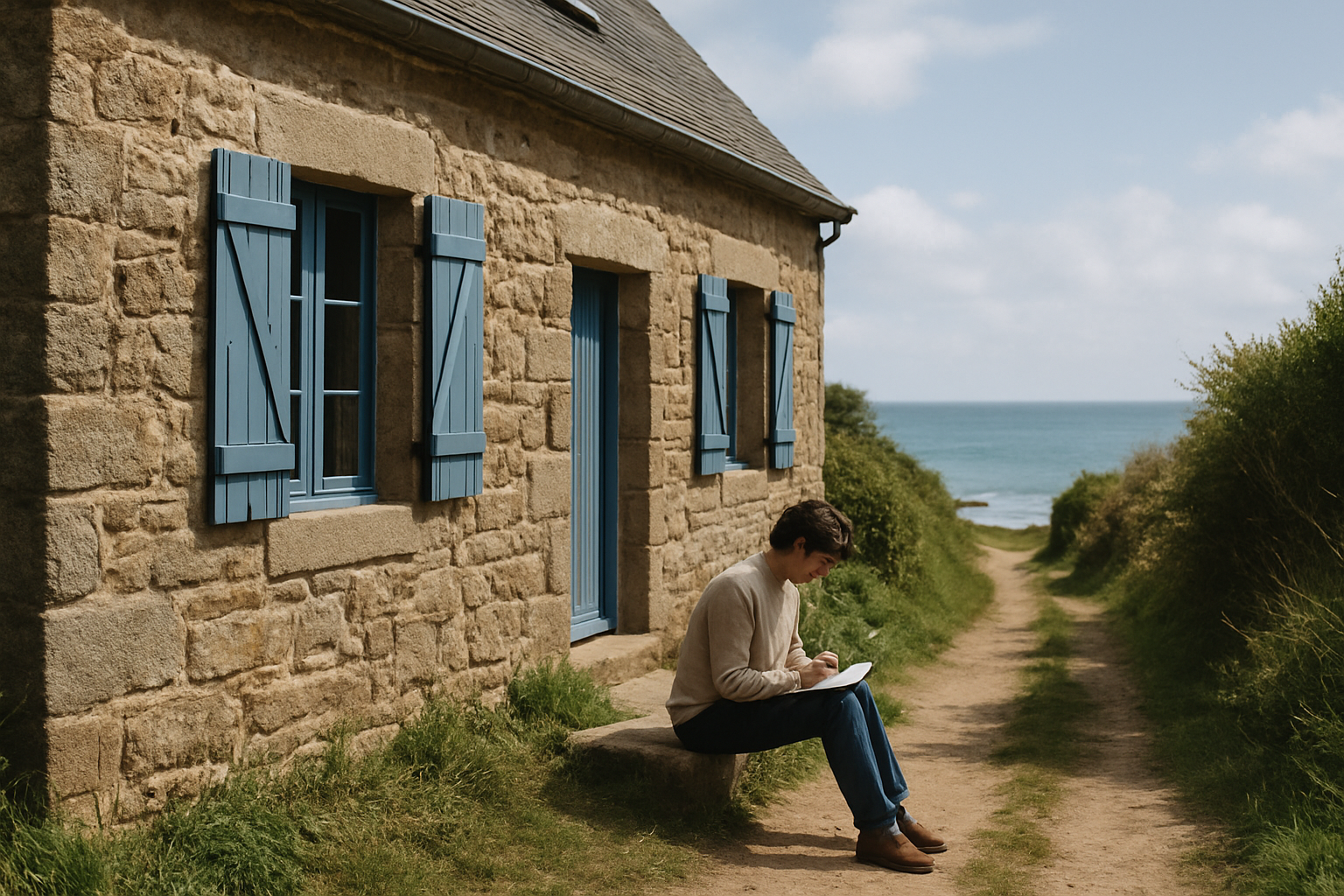 Maison de pêcheur en bord de mer avec vue mer et façade en pierres, lumière du matin