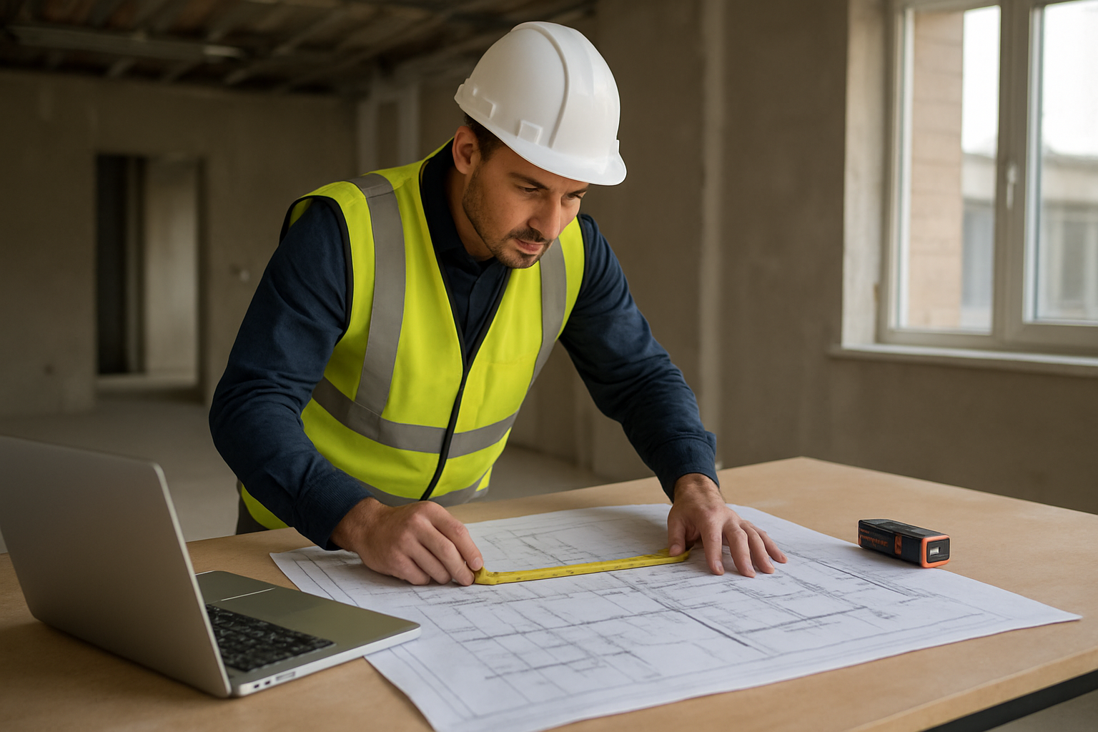 Plan de récolement sur table de chantier, technicien vérifiant des cotes et niveaux