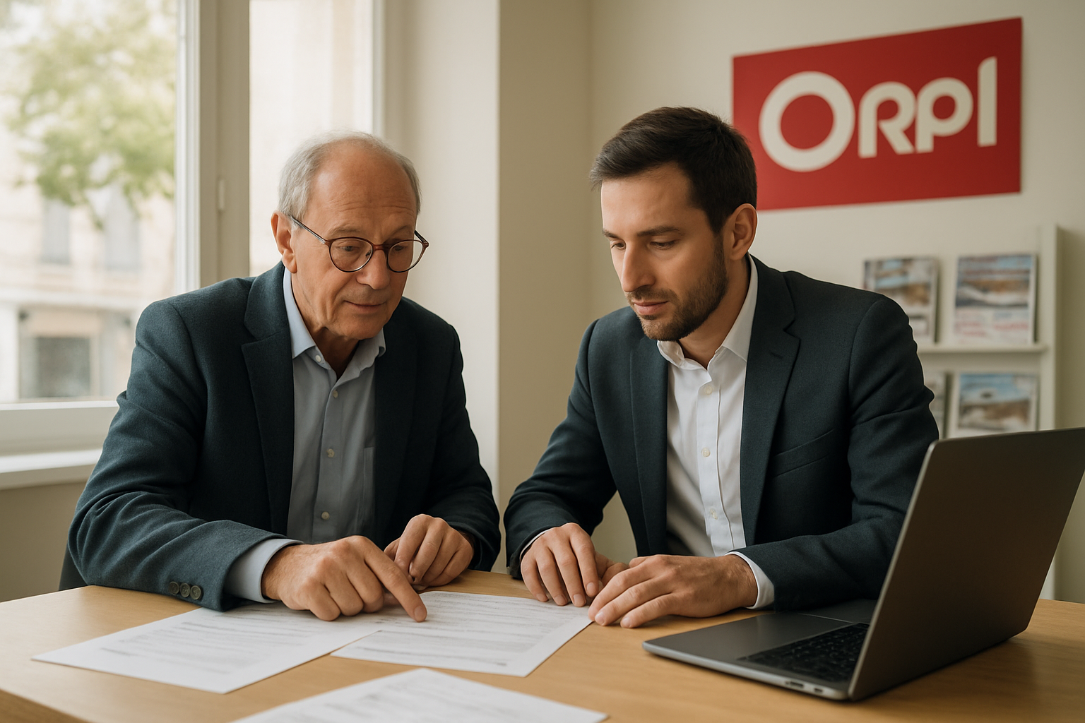 Photo réaliste d’un propriétaire et d’un conseiller Orpi consultant un mandat de gestion locative dans un bureau, documents et ordinateur visibles, lumière naturelle