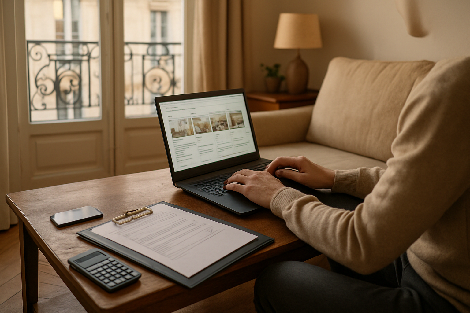 Personne consultant des annonces de studio en location sur un ordinateur, dossier de location sur table, lumière naturelle, appartement en arrière-plan.