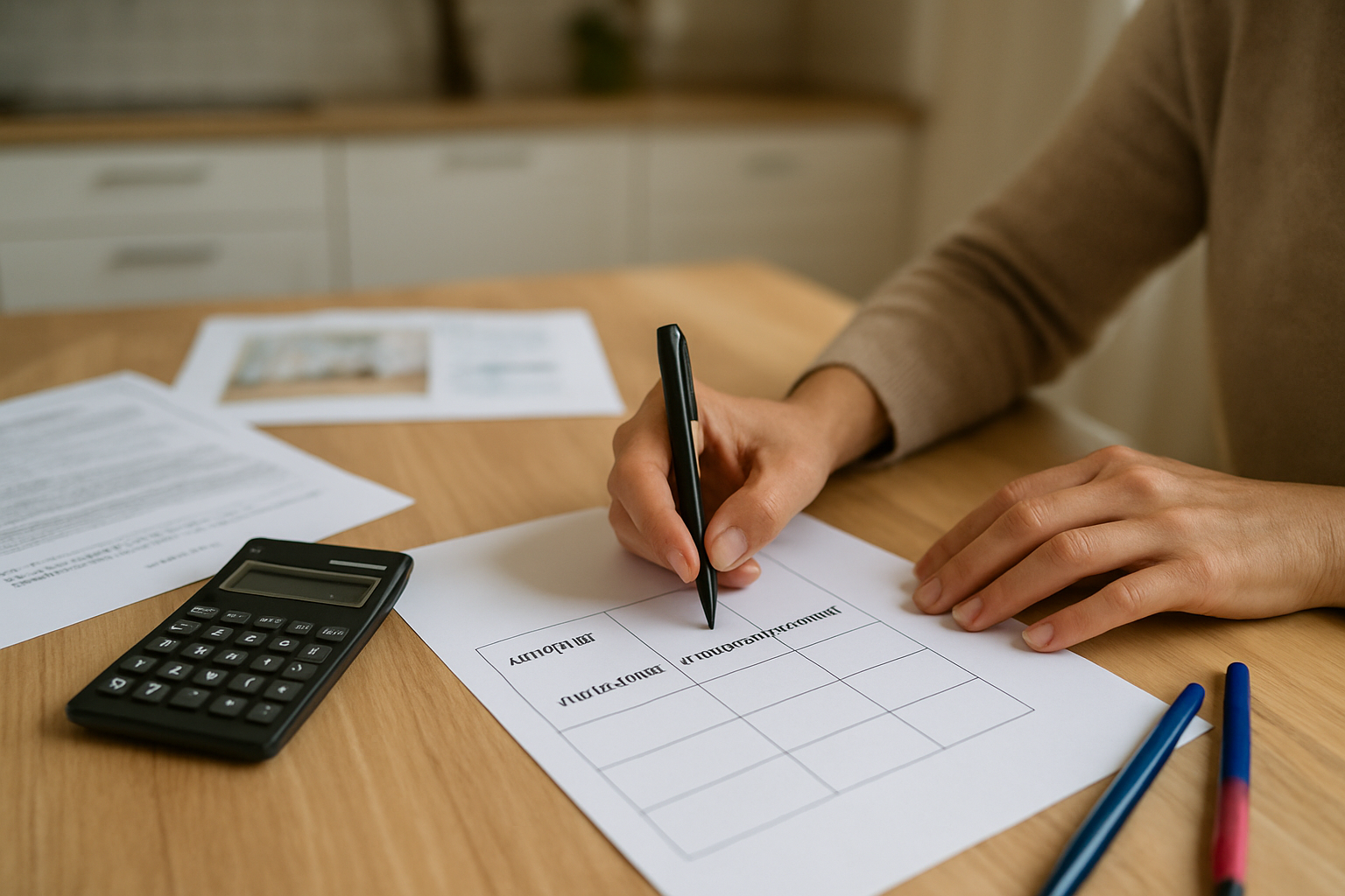 Tableau de comparaison de budget loyer et charges pour un studio en location, calculatrice et documents de bail, ambiance bureau.