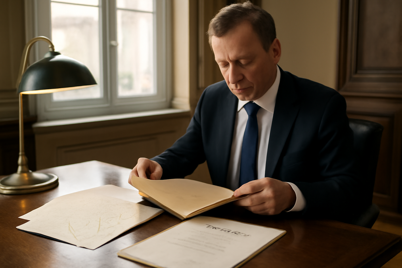 Notaire consultant un dossier avec un acte authentique et un plan cadastral sur une table, lumière naturelle