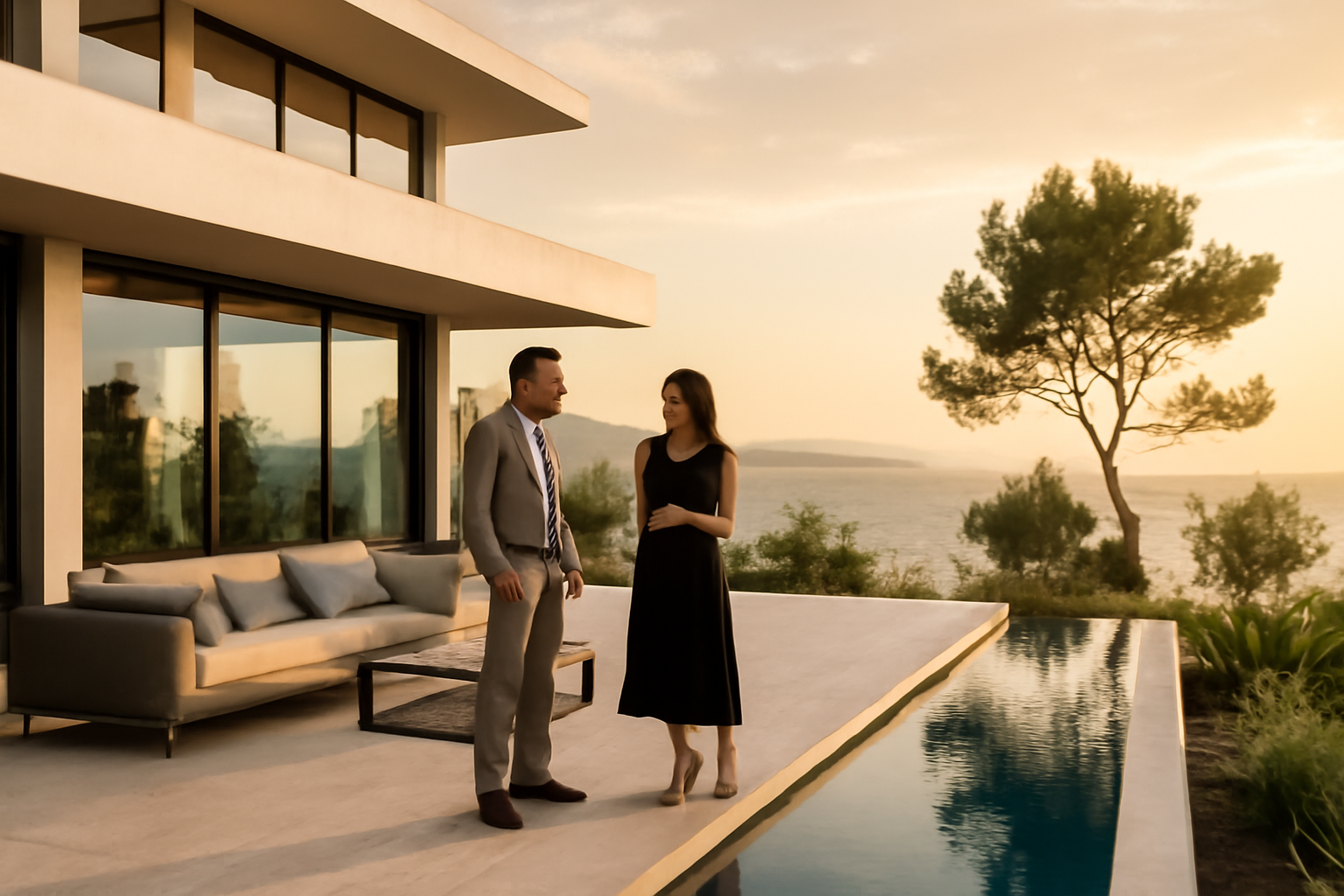 Villa de luxe en bord de mer avec terrasse, piscine et lumière de fin d’après-midi