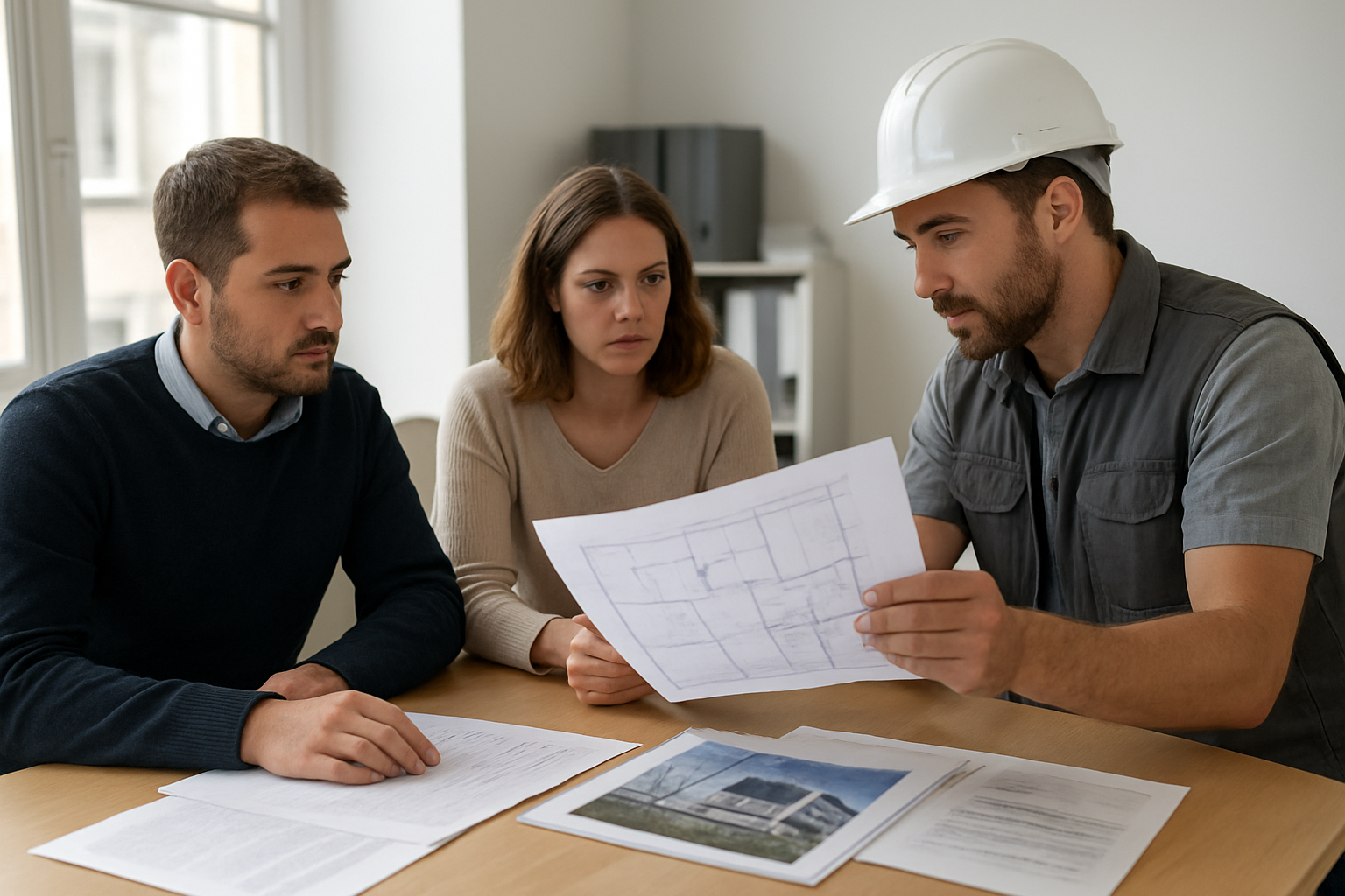 Réunion entre bailleur et locataire avec un technicien du bâtiment et des plans pour qualifier des travaux